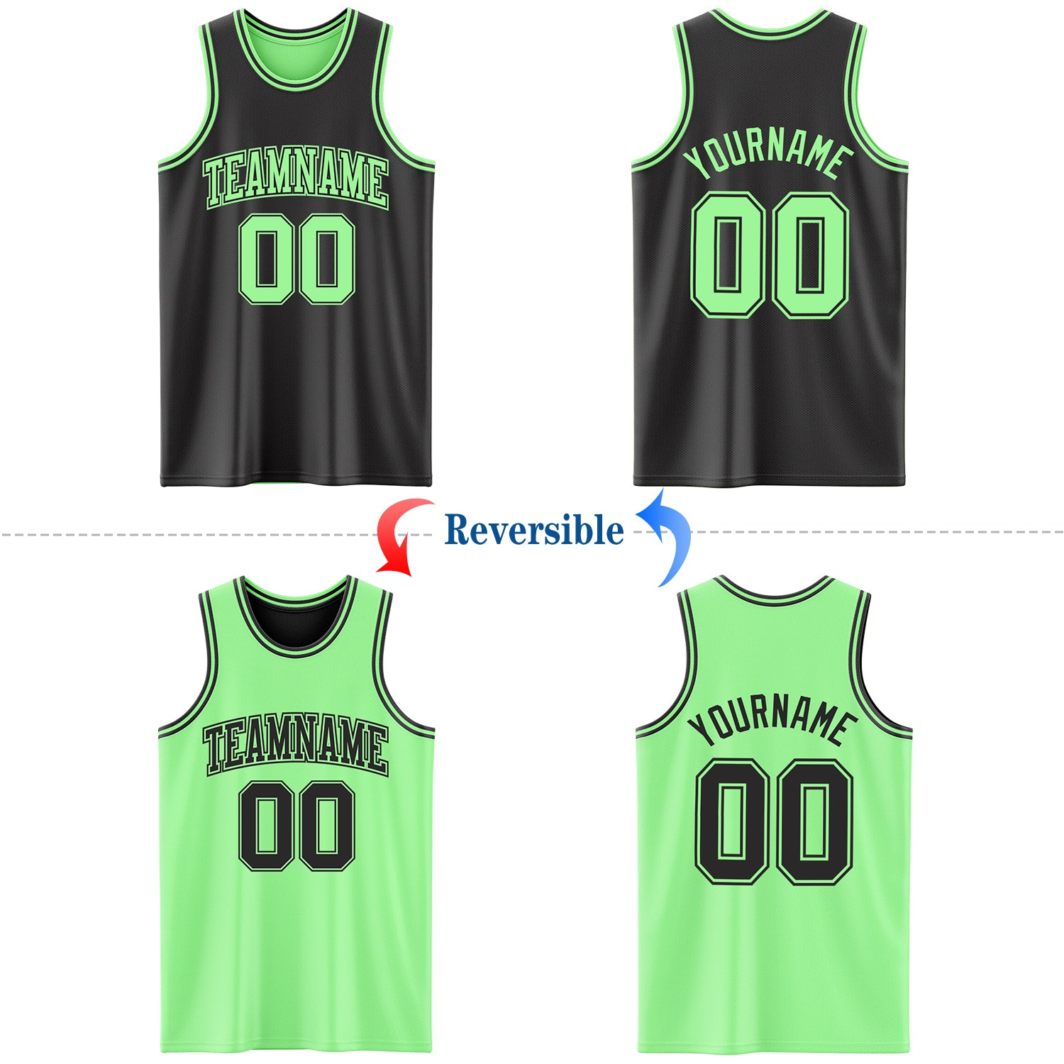 Custom Reversible Black Pea Green Double Side Basketball Jersey