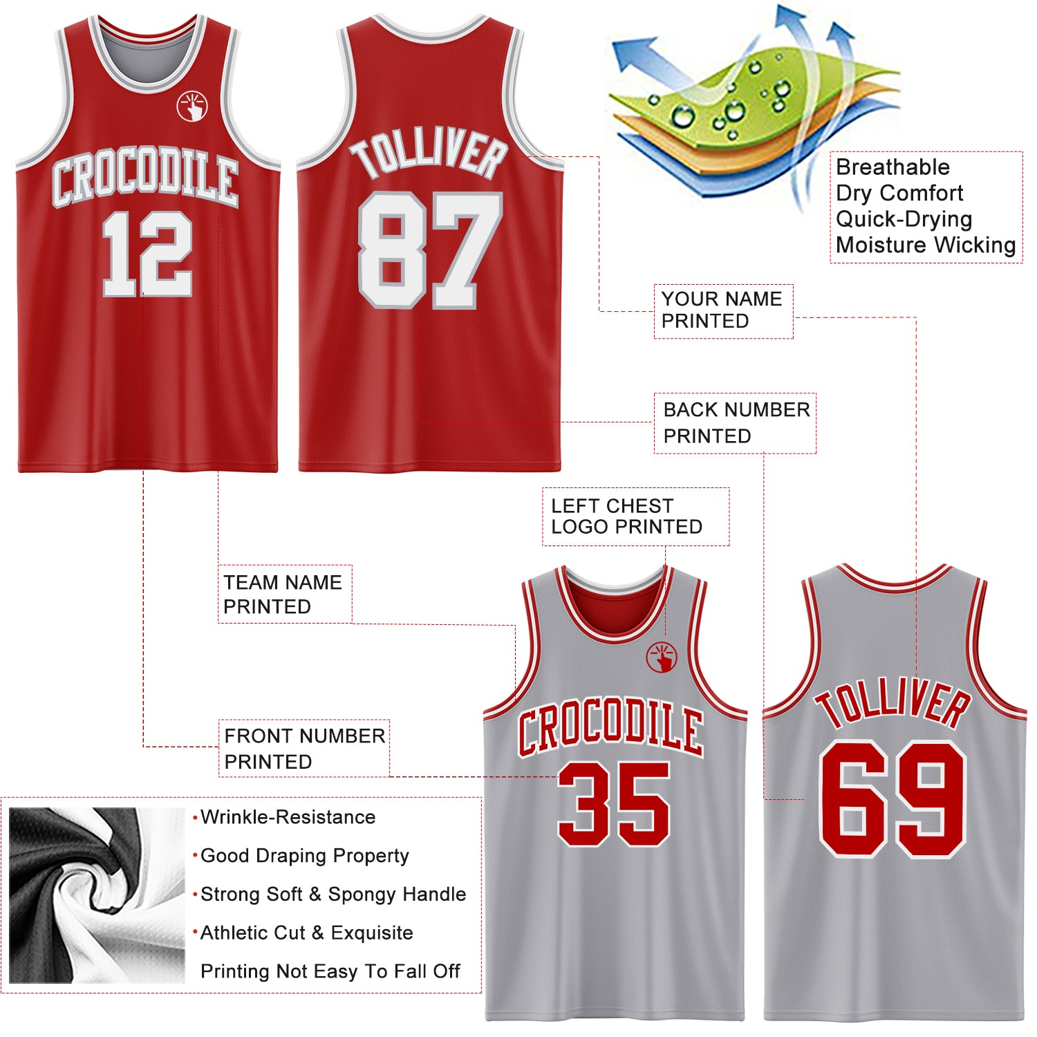 Custom Red White-Gray Reversible Double Side Basketball Jersey