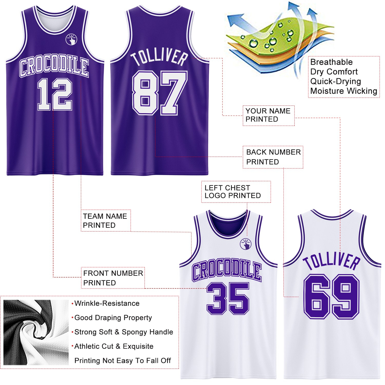 Custom Purple White Reversible Double Side Basketball Jersey