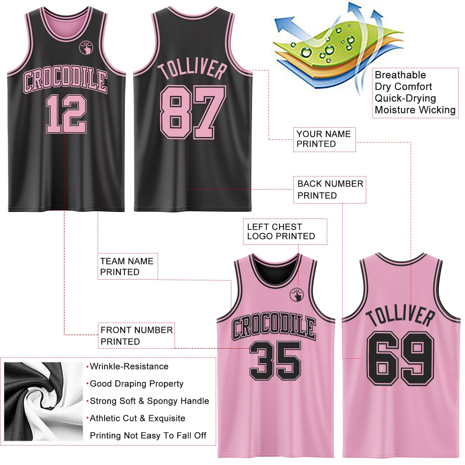 Custom Reversible Black Light Pink Double Side Basketball Jersey