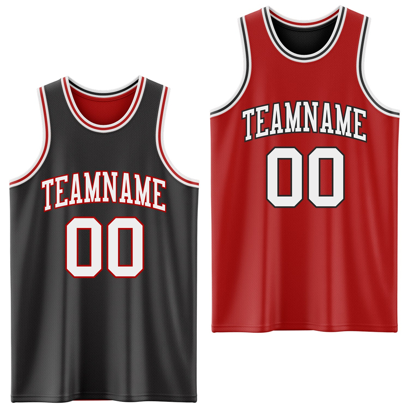 Custom Reversible Black White-Red Double Side Basketball Jersey