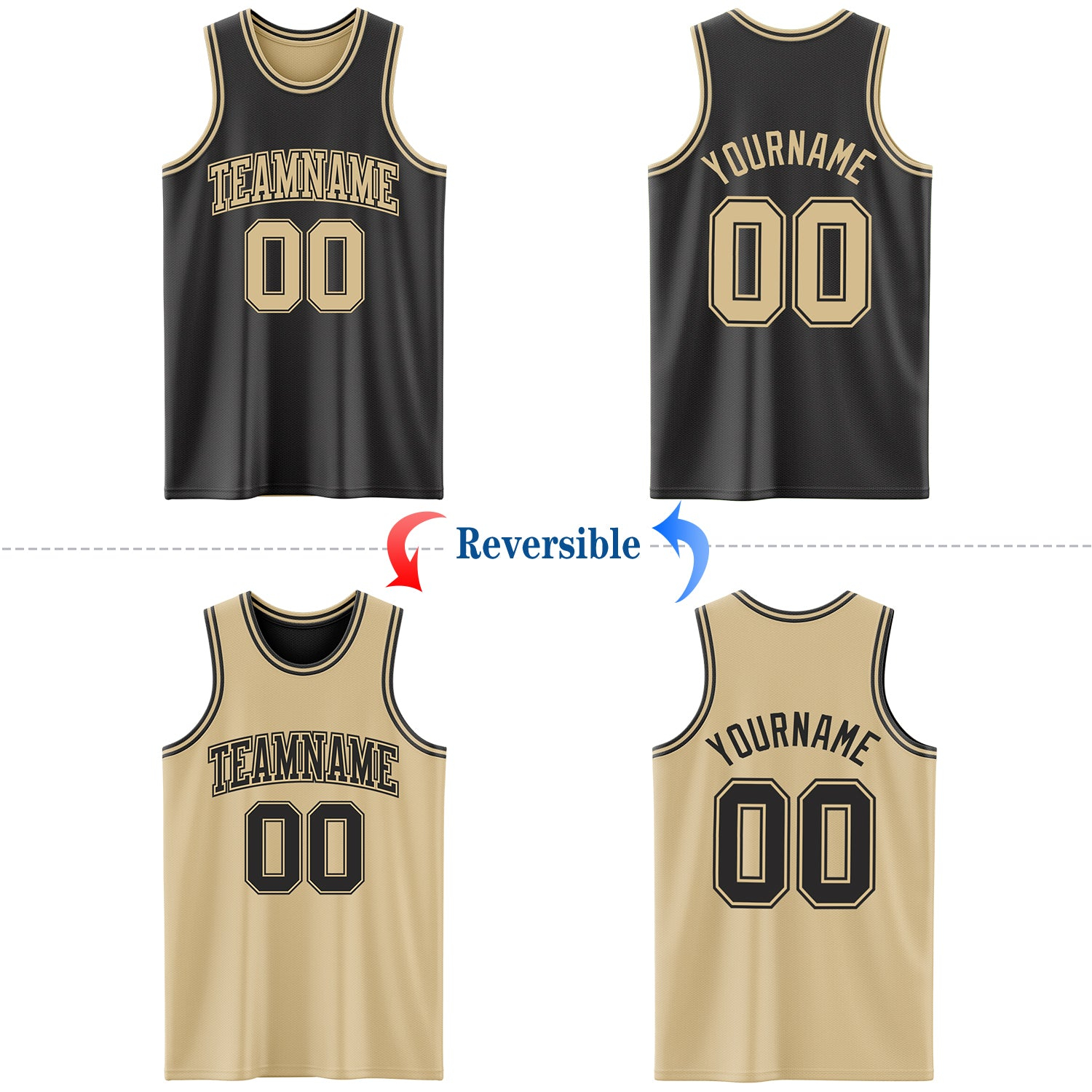 Custom Reversible Black Vegas Gold Double Side Basketball Jersey