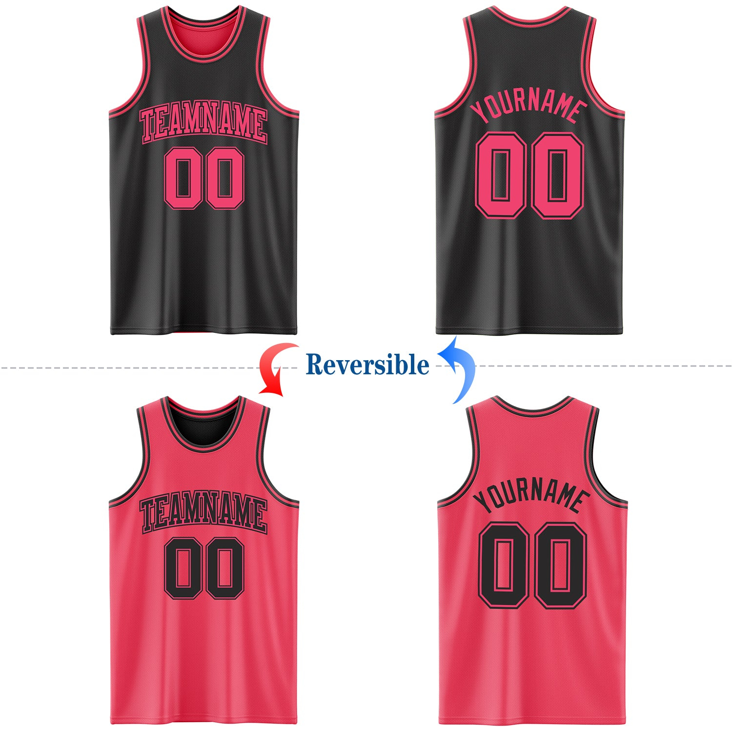 Custom Reversible Black Neon Pink Double Side Basketball Jersey