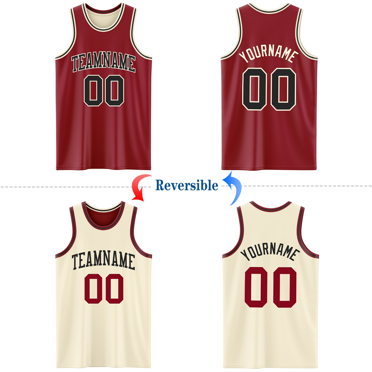 Custom Reversible Maroon Black-Cream Double Side Basketball Jersey