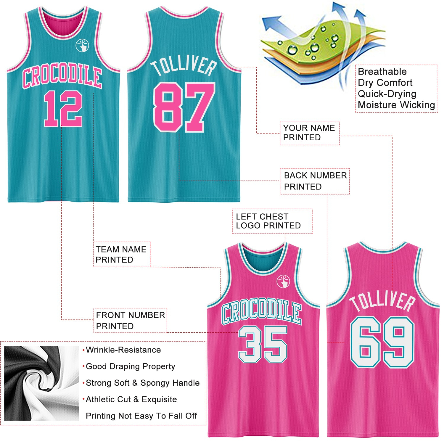 Custom Reversible Teal Pink-White Double Side Basketball Jersey