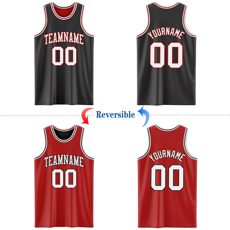 Custom Reversible Black White-Red Double Side Basketball Jersey
