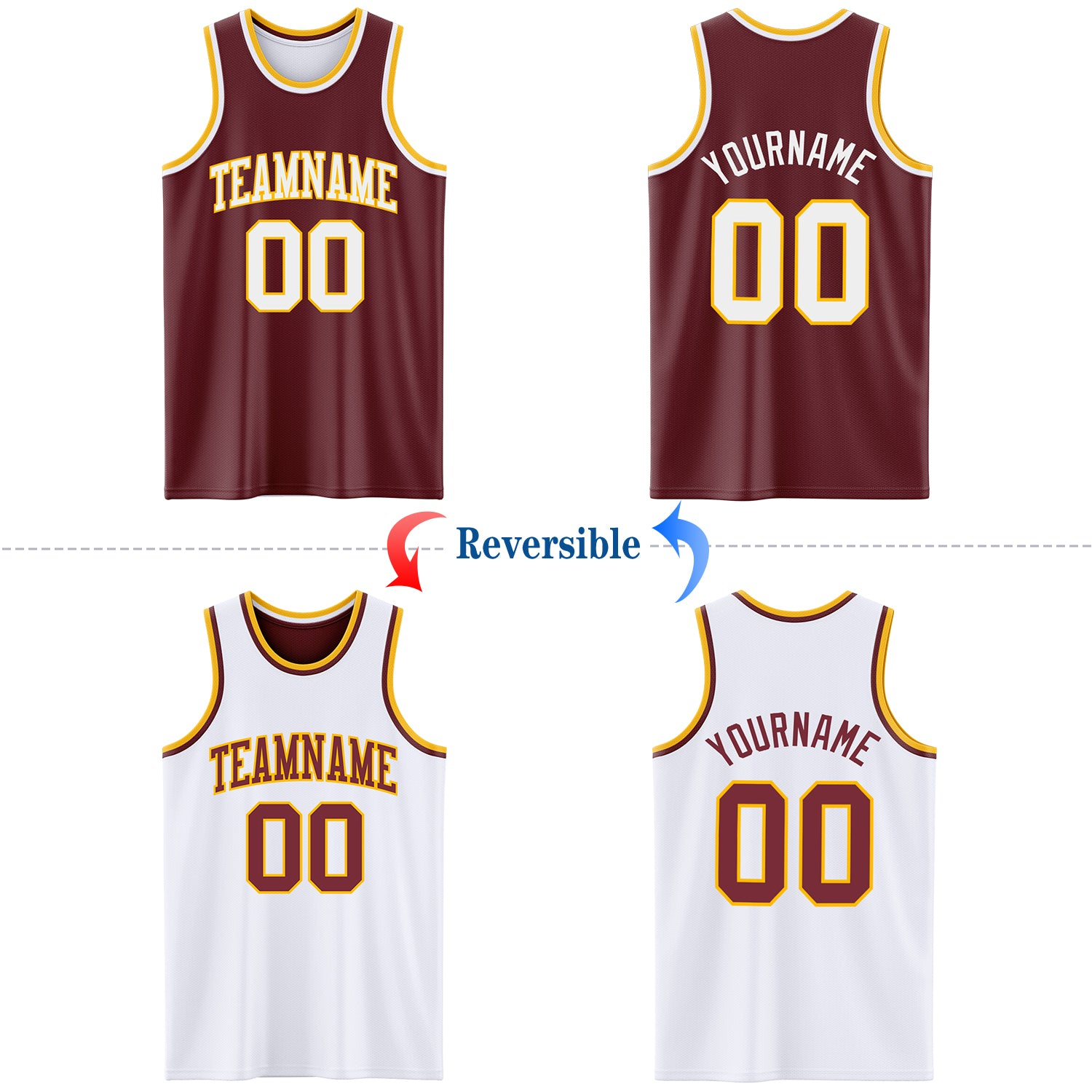 Custom Reversible Burgundy White-Gold Double Side Basketball Jersey