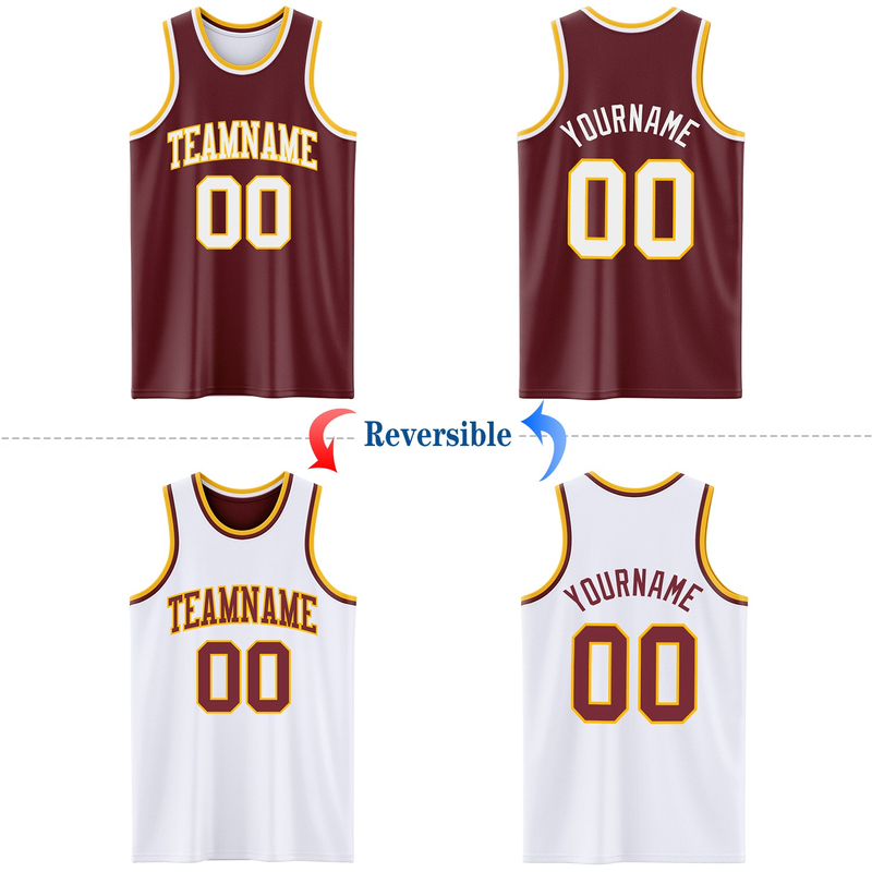 Custom Reversible Burgundy White-Gold Double Side Basketball Jersey