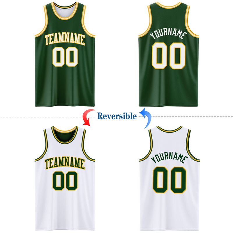 Custom Reversible Green White-Gold Double Side Basketball Jersey