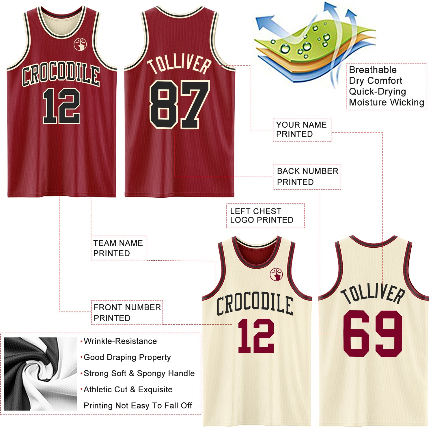 Custom Reversible Maroon Black-Cream Double Side Basketball Jersey