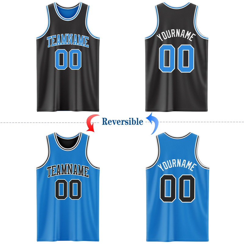 Custom Reversible Black Powder Blue-White Double Side Basketball Jersey