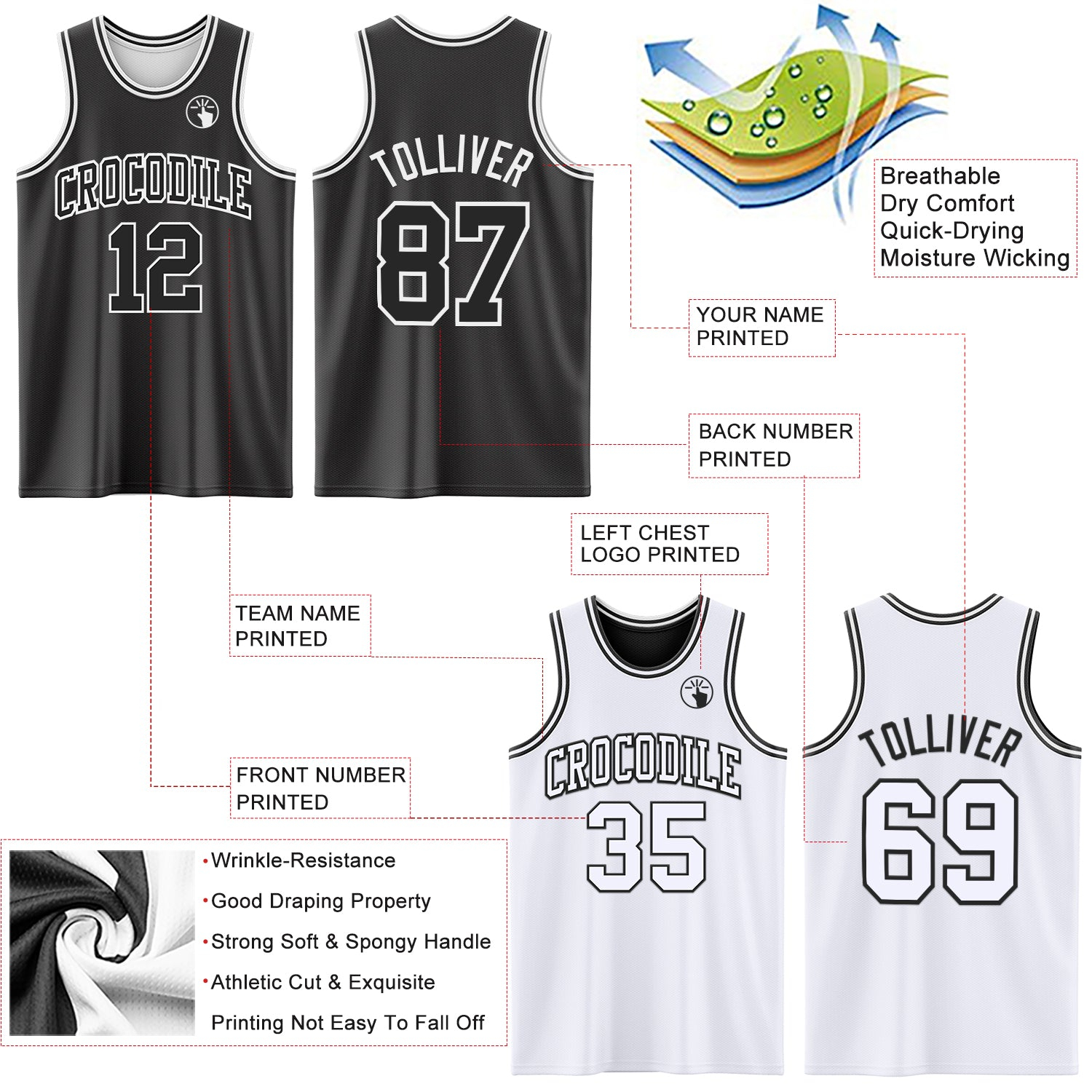 Custom Reversible Black White Double Side Basketball Jersey