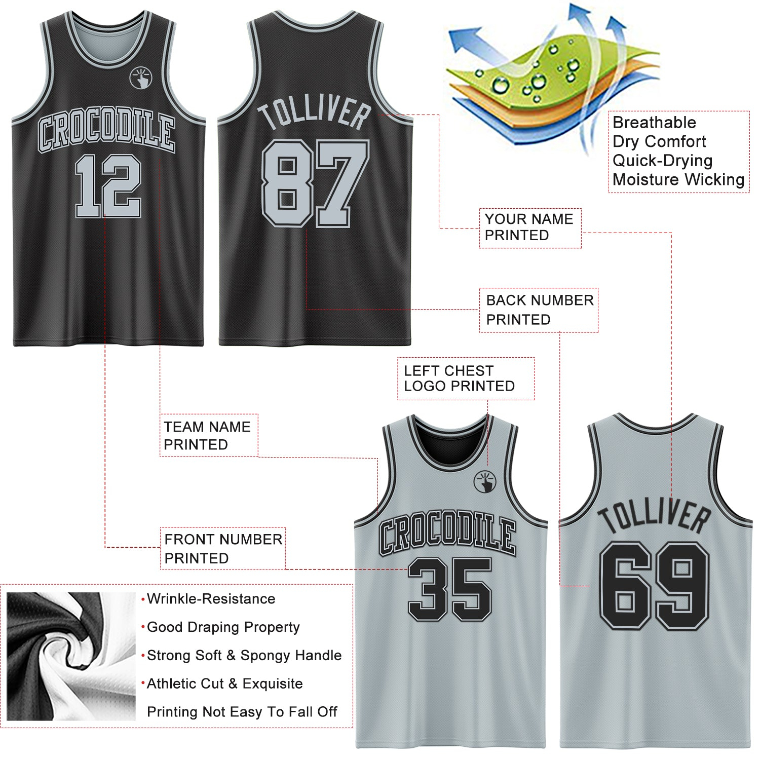 Custom Reversible Black Silver Double Side Basketball Jersey