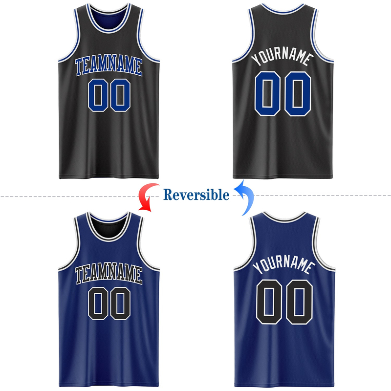Custom Reversible Black Royal-White Double Side Basketball Jersey