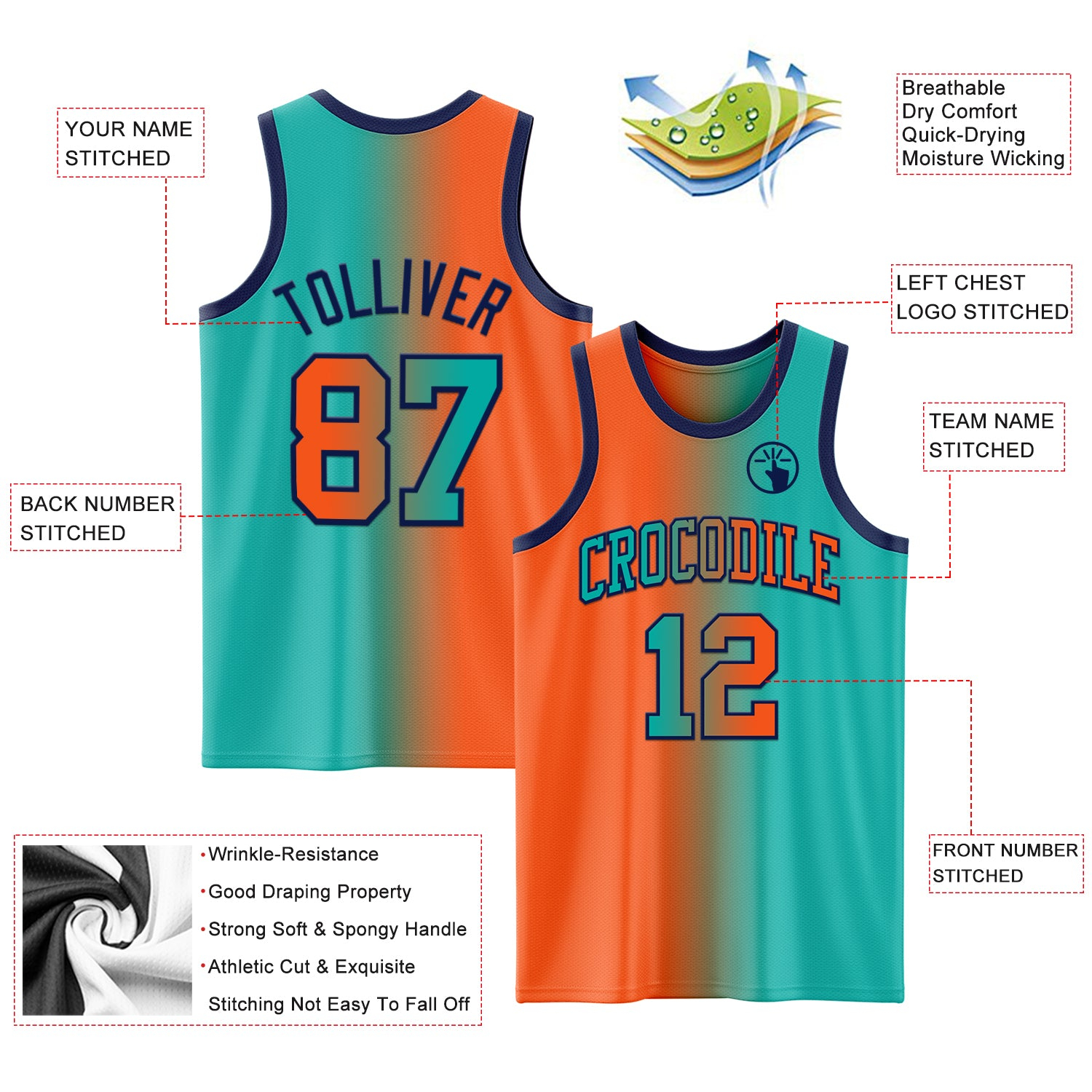 Custom Aqua Orange-Navy Authentic Gradient Fashion Basketball Jersey
