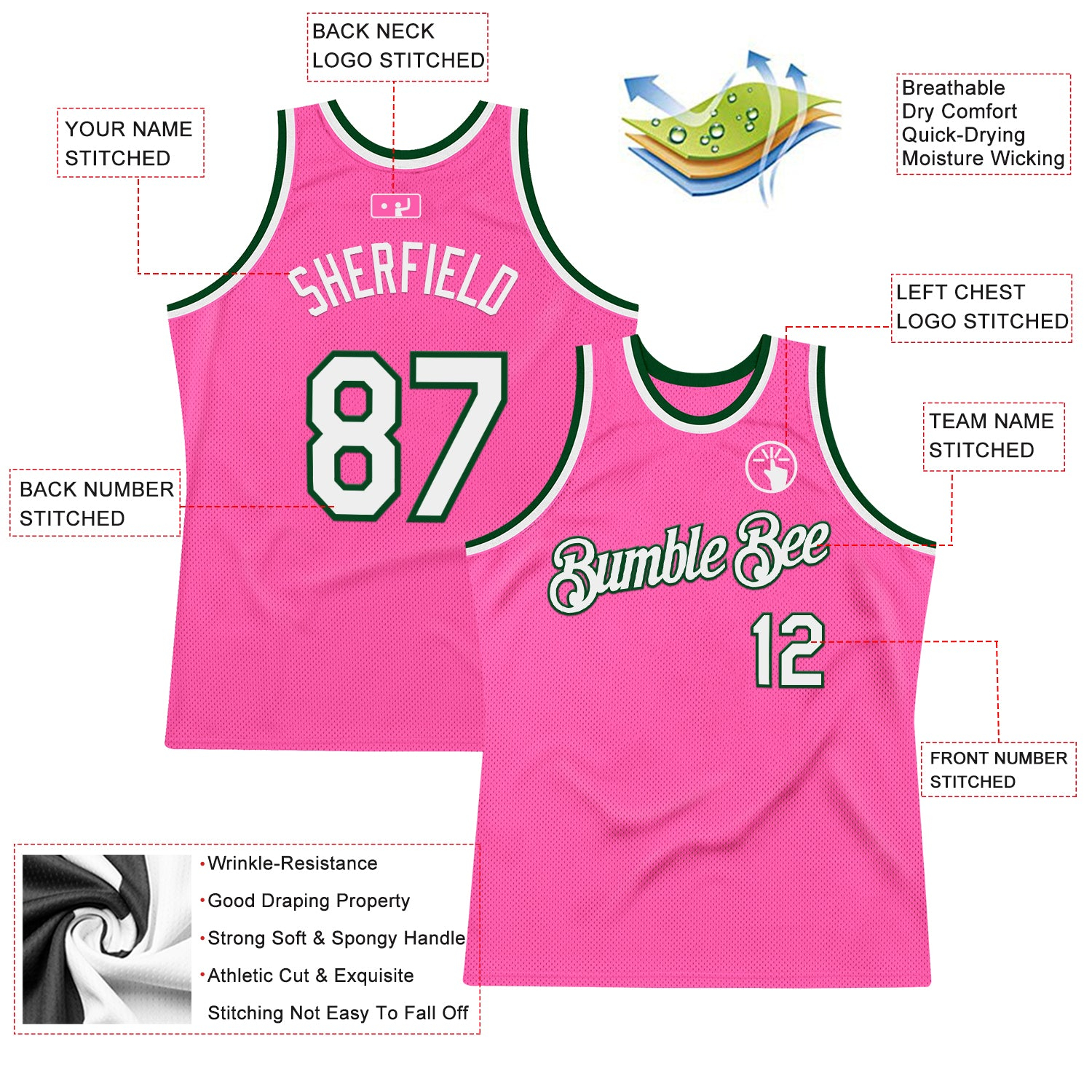 Custom Pink White-Green Authentic Throwback Basketball Jersey