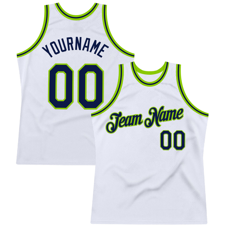 Custom White Navy-Neon Green Authentic Throwback Basketball Jersey