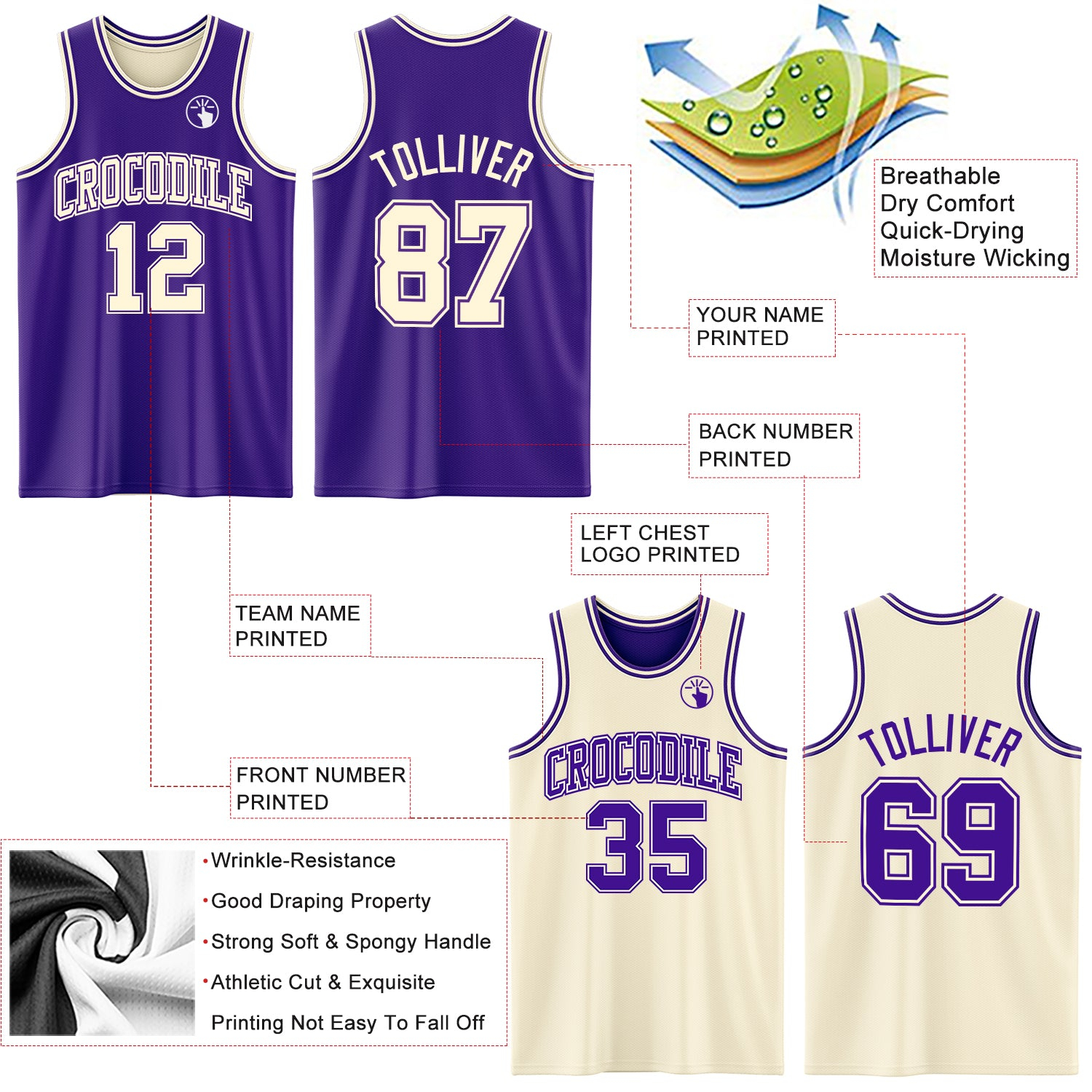 Custom Reversible Purple Cream Double Side Basketball Jersey