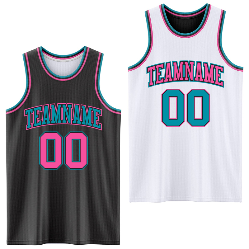 Custom Reversible Black Pink-Teal Double Side Basketball Jersey