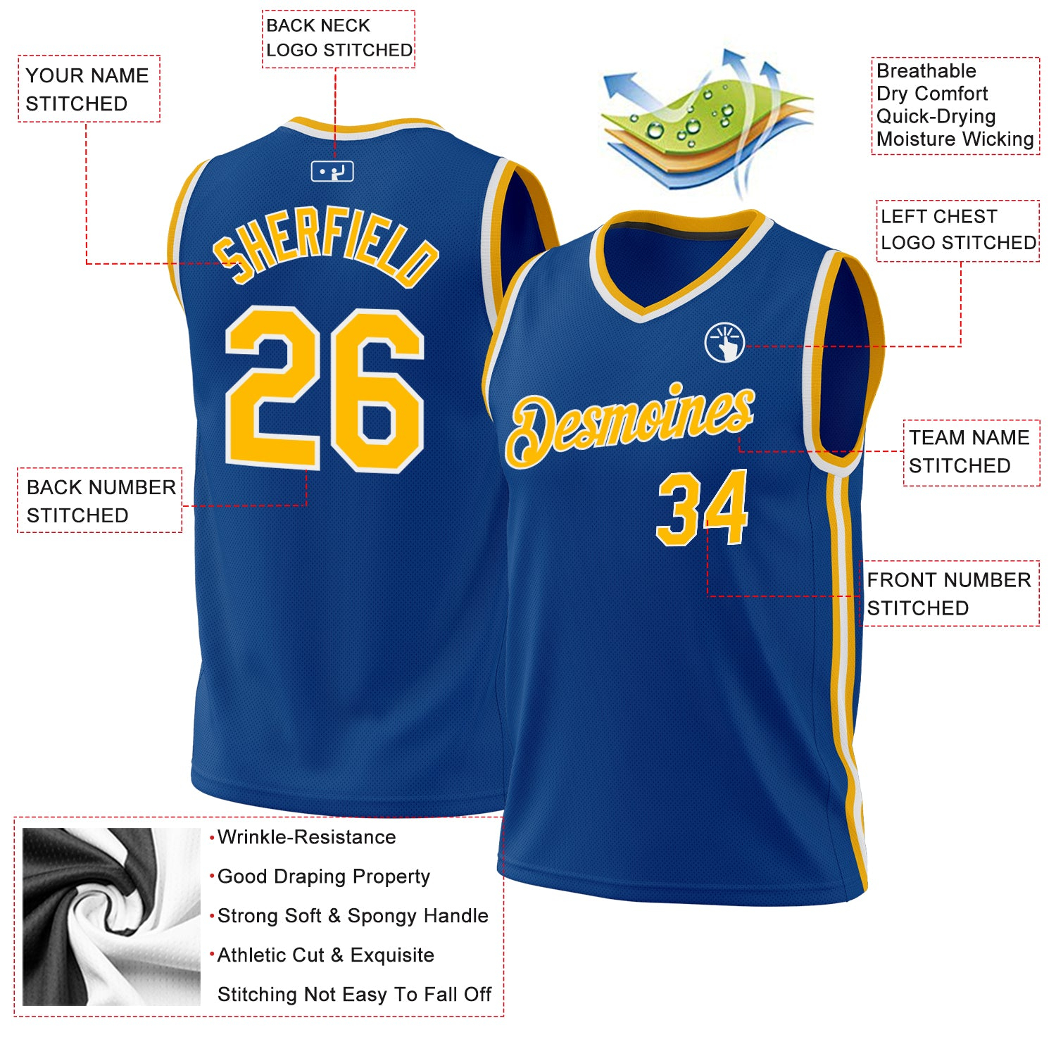 Custom Blue Gold-White Authentic Throwback Basketball Jersey