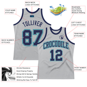 Custom Gray Navy-Teal Authentic Throwback Basketball Jersey
