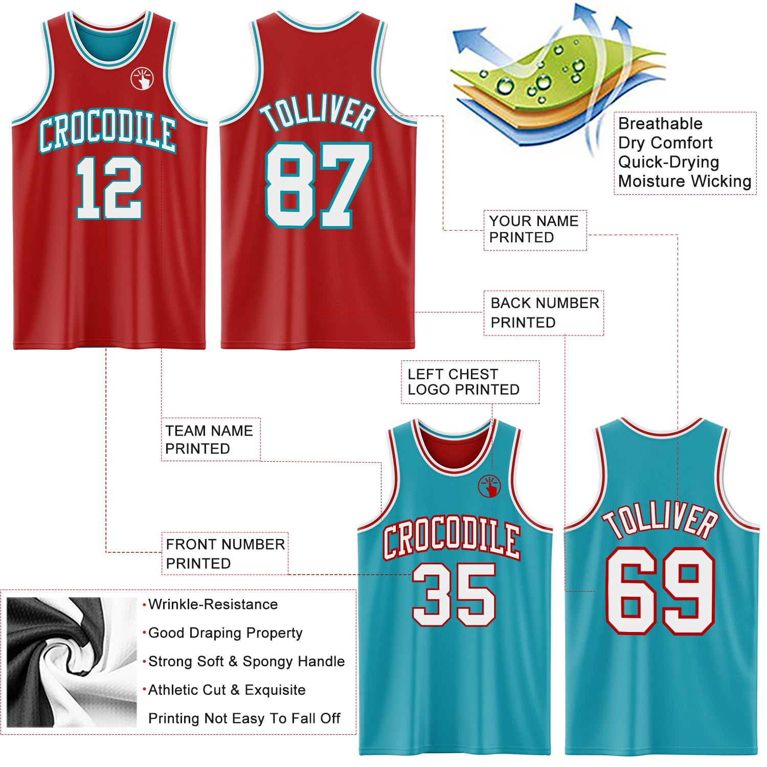 Custom Red White-Teal Reversible Double Side Basketball Jersey