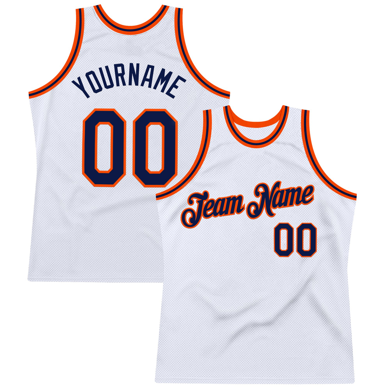 Custom White Navy-Orange Authentic Throwback Basketball Jersey