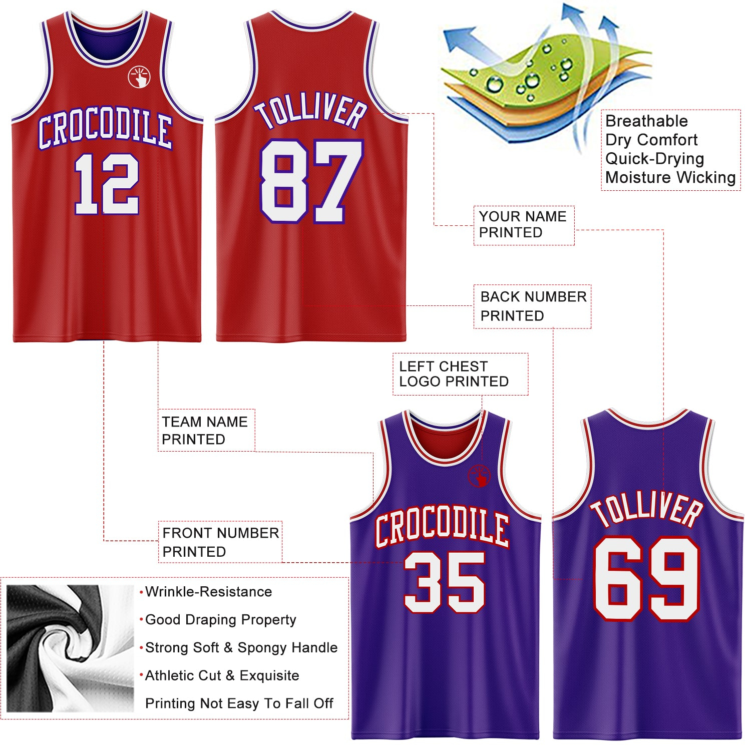 Custom Red White-Purple Reversible Double Side Basketball Jersey