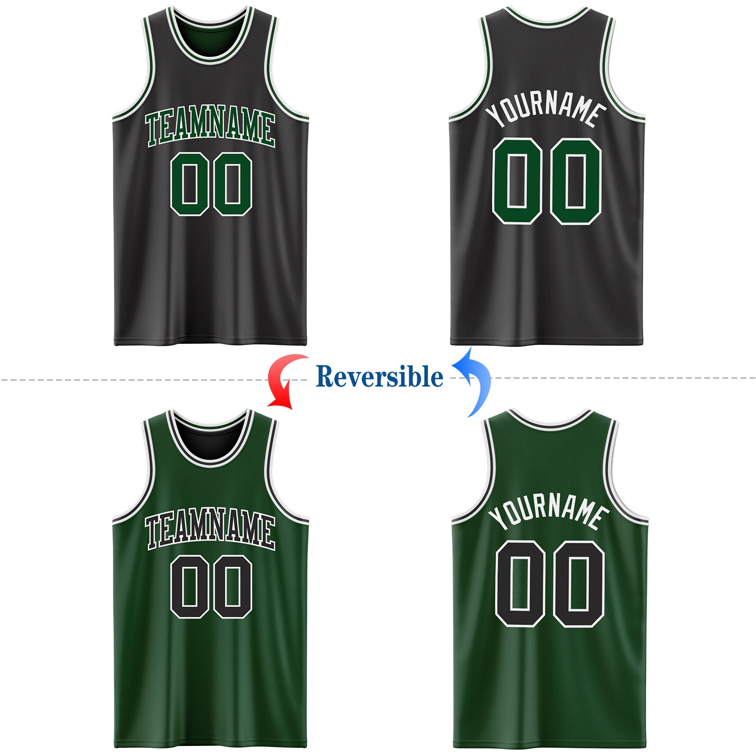 Custom Reversible Black Green-White Double Side Basketball Jersey