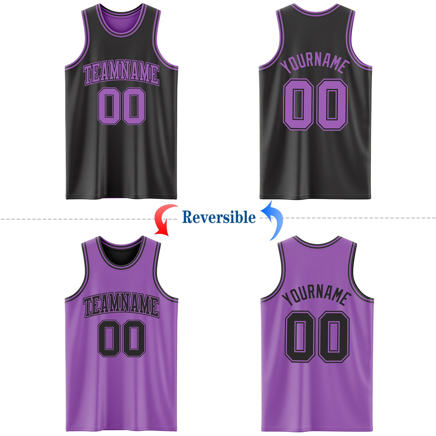 Custom Reversible Black Medium Purple Double Side Basketball Jersey