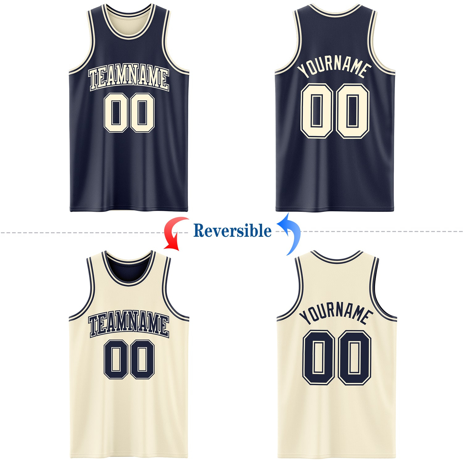 Custom Reversible Navy Cream Double Side Basketball Jersey
