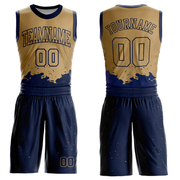 Custom Old Gold Navy Color Splash Round Neck Sublimation Basketball Suit Jersey