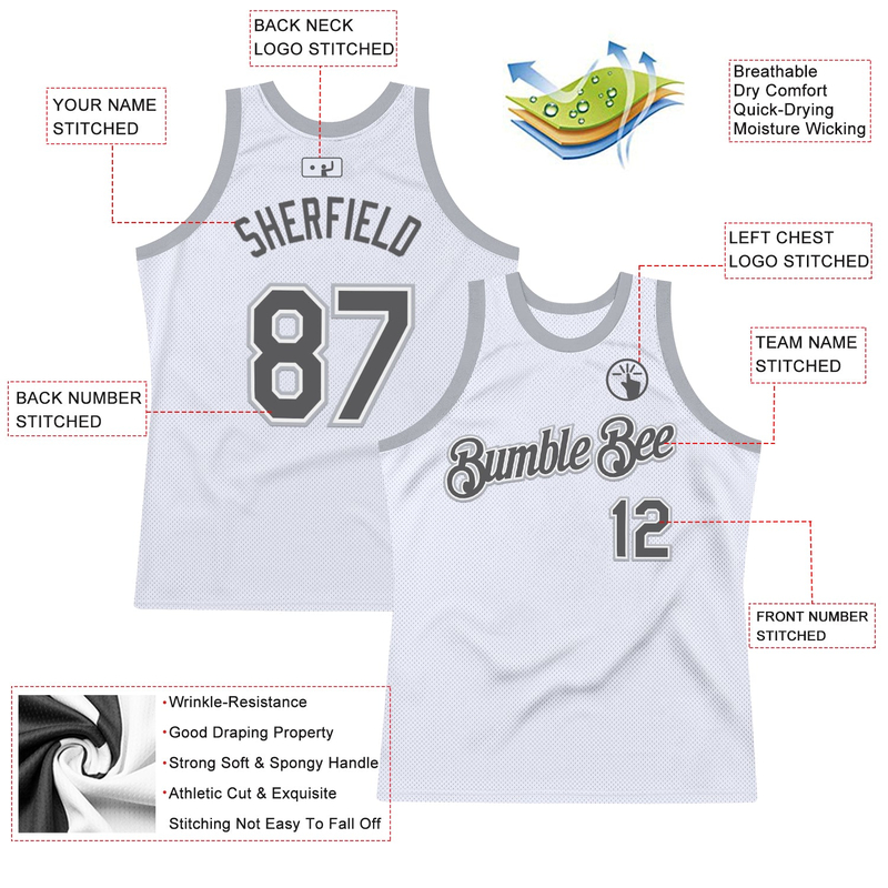 Custom White Steel Gray-Gray Authentic Throwback Basketball Jersey
