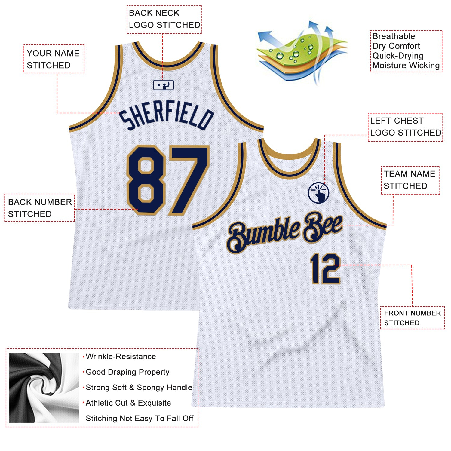 Custom White Navy-Old Gold Authentic Throwback Basketball Jersey
