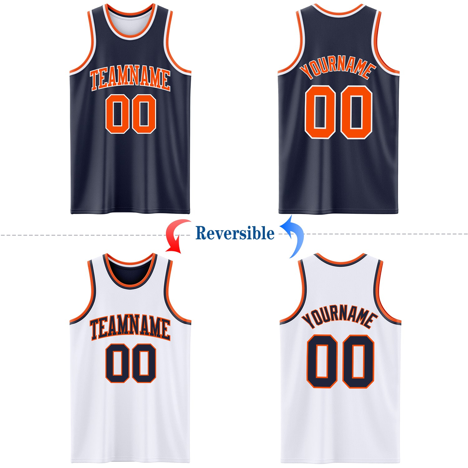 Custom Reversible Navy Orange-White Double Side Basketball Jersey