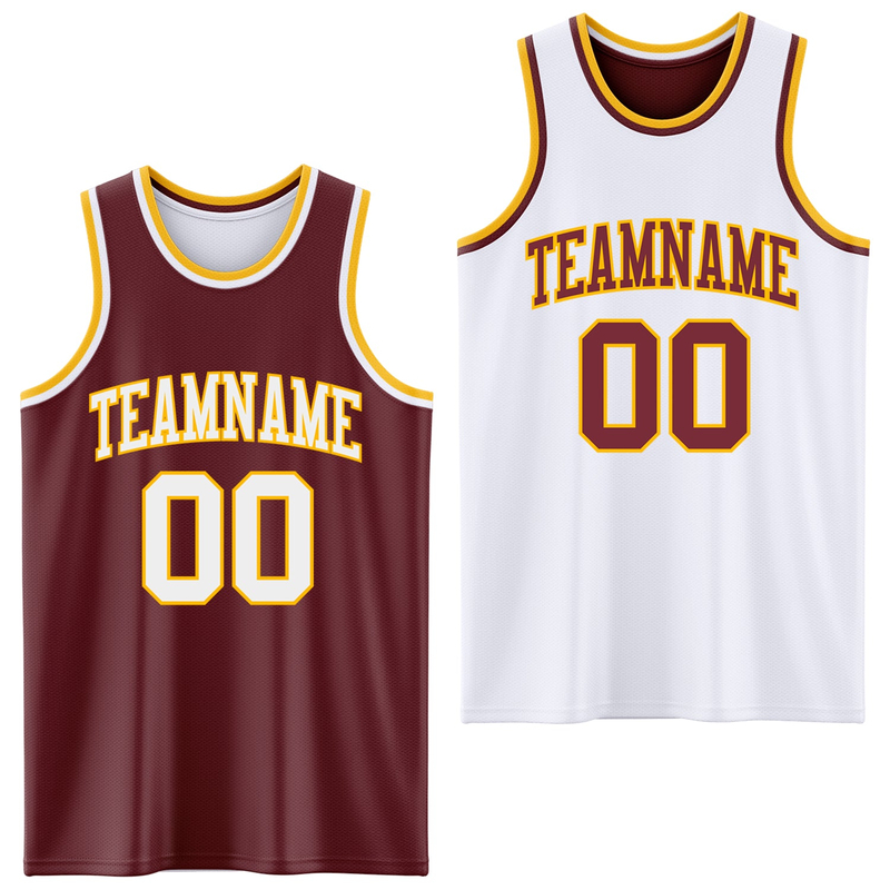 Custom Reversible Burgundy White-Gold Double Side Basketball Jersey