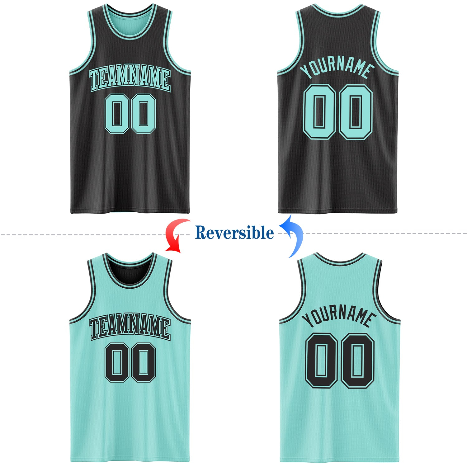 Custom Reversible Black Ice Blue Double Side Basketball Jersey