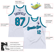 Custom White Teal-Navy Authentic Throwback Basketball Jersey