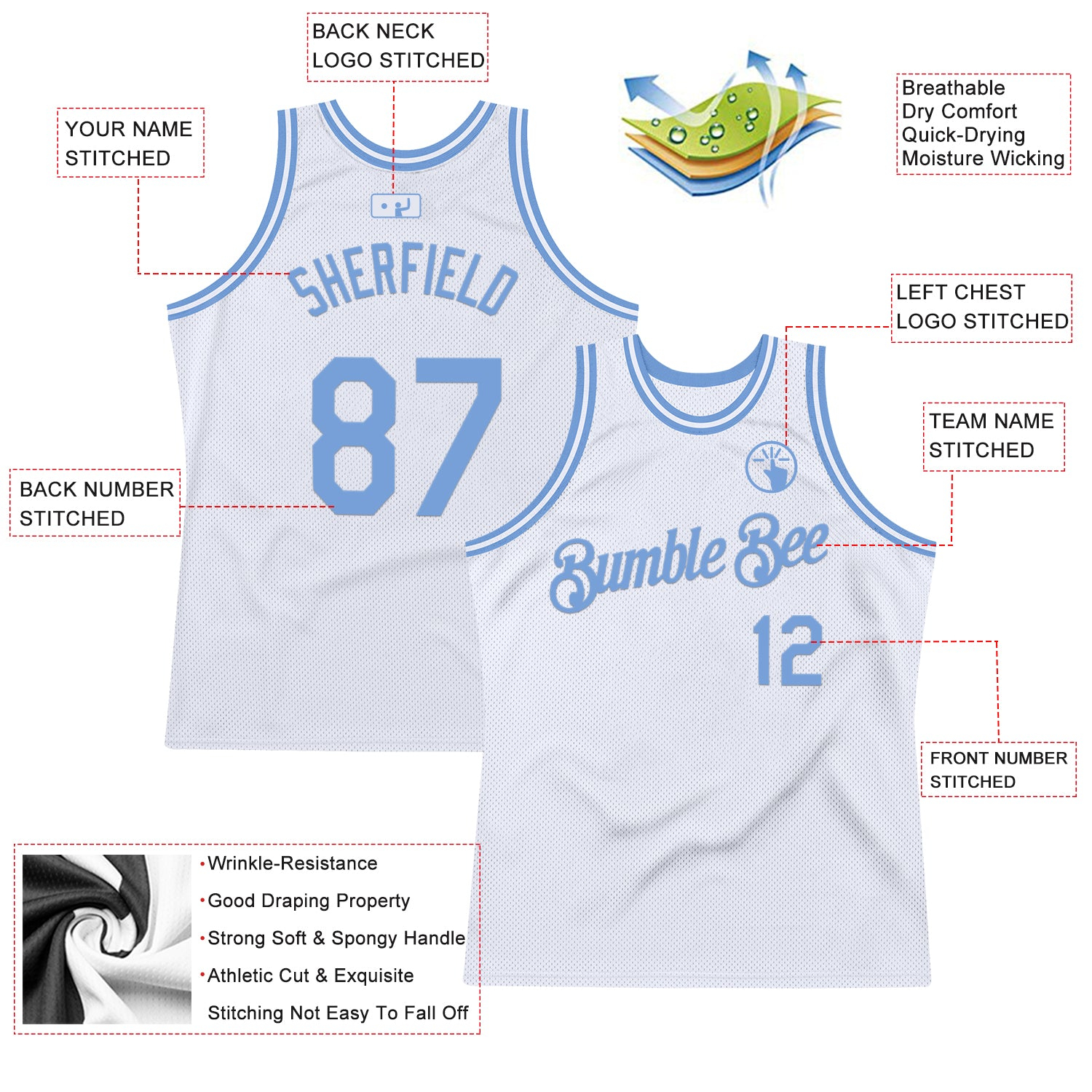 Custom White Light Blue Authentic Throwback Basketball Jersey