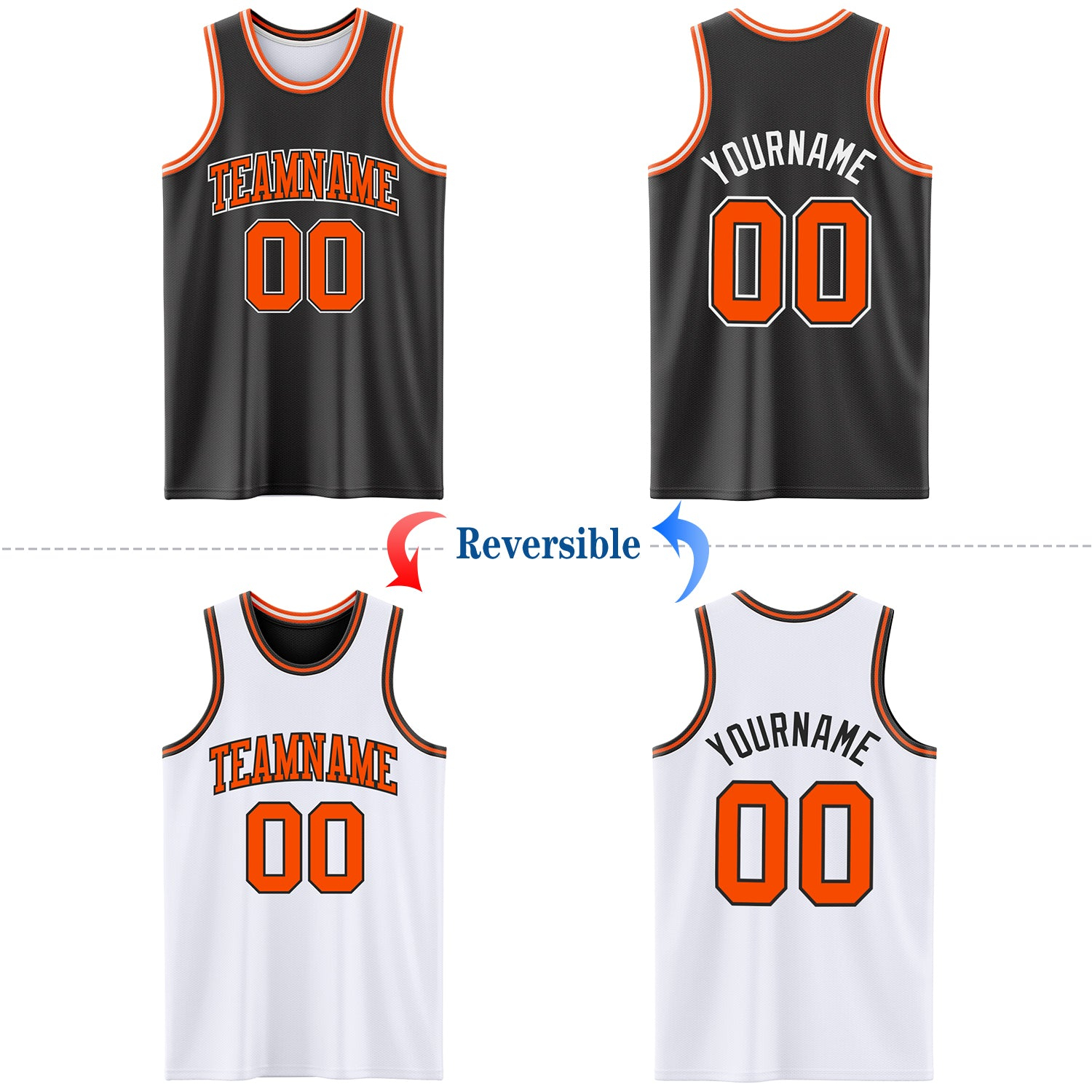Custom Reversible Black Orange-White Double Side Basketball Jersey