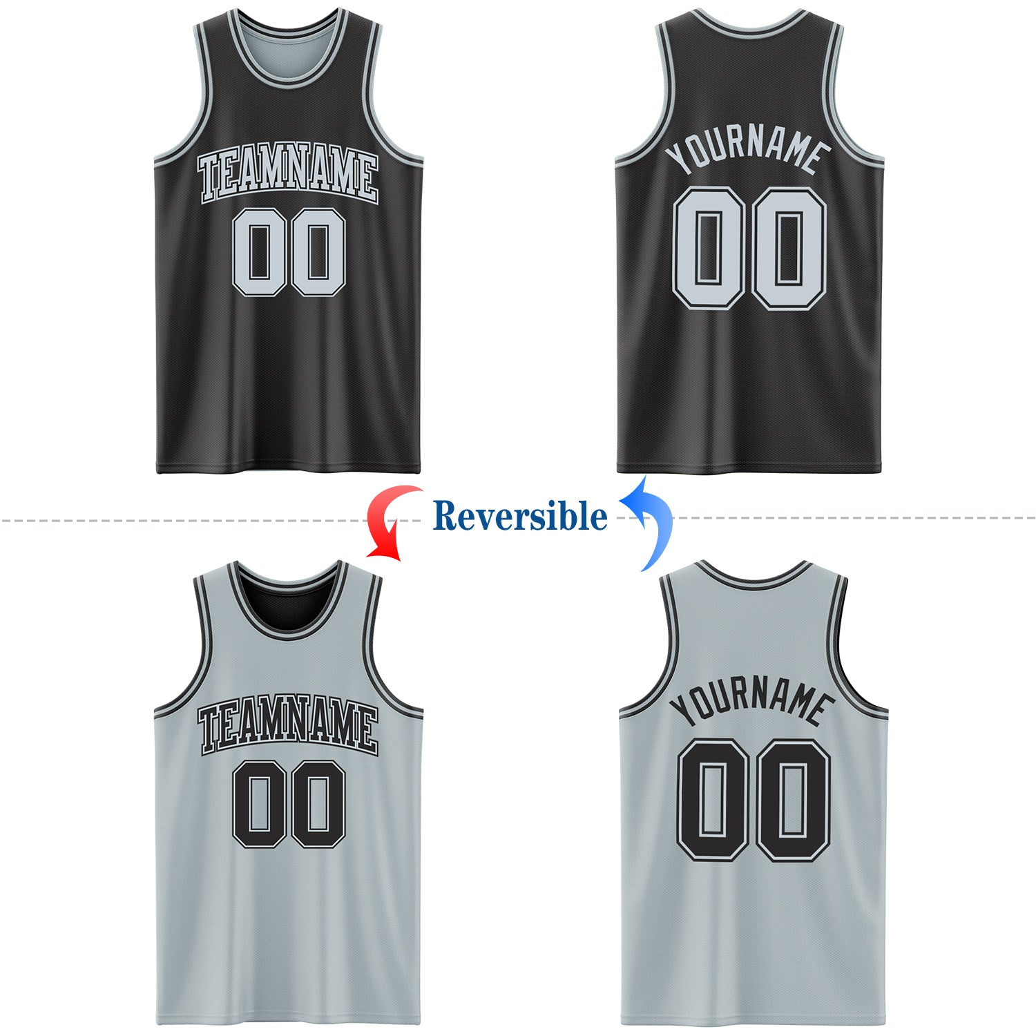 Custom Reversible Black Silver Double Side Basketball Jersey