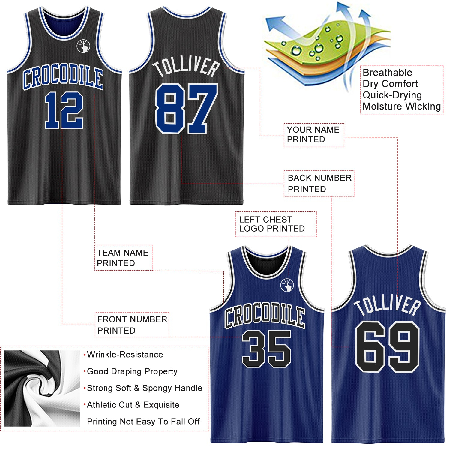 Custom Reversible Black Royal-White Double Side Basketball Jersey