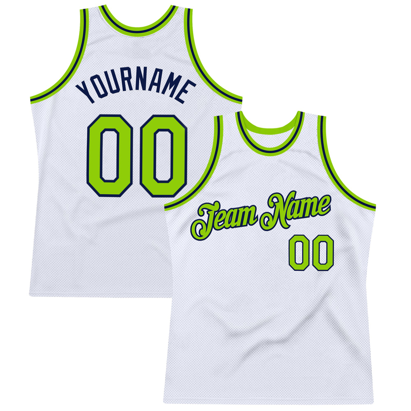 Custom White Neon Green-Navy Authentic Throwback Basketball Jersey