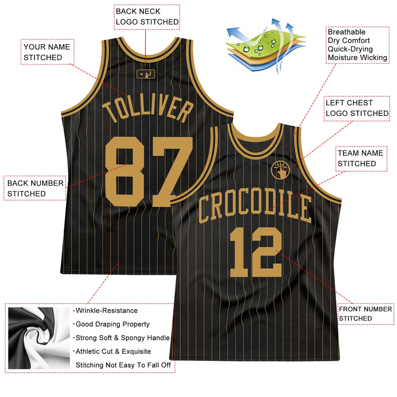 Custom Black Old Gold Pinstripe Old Gold Authentic Basketball Jersey