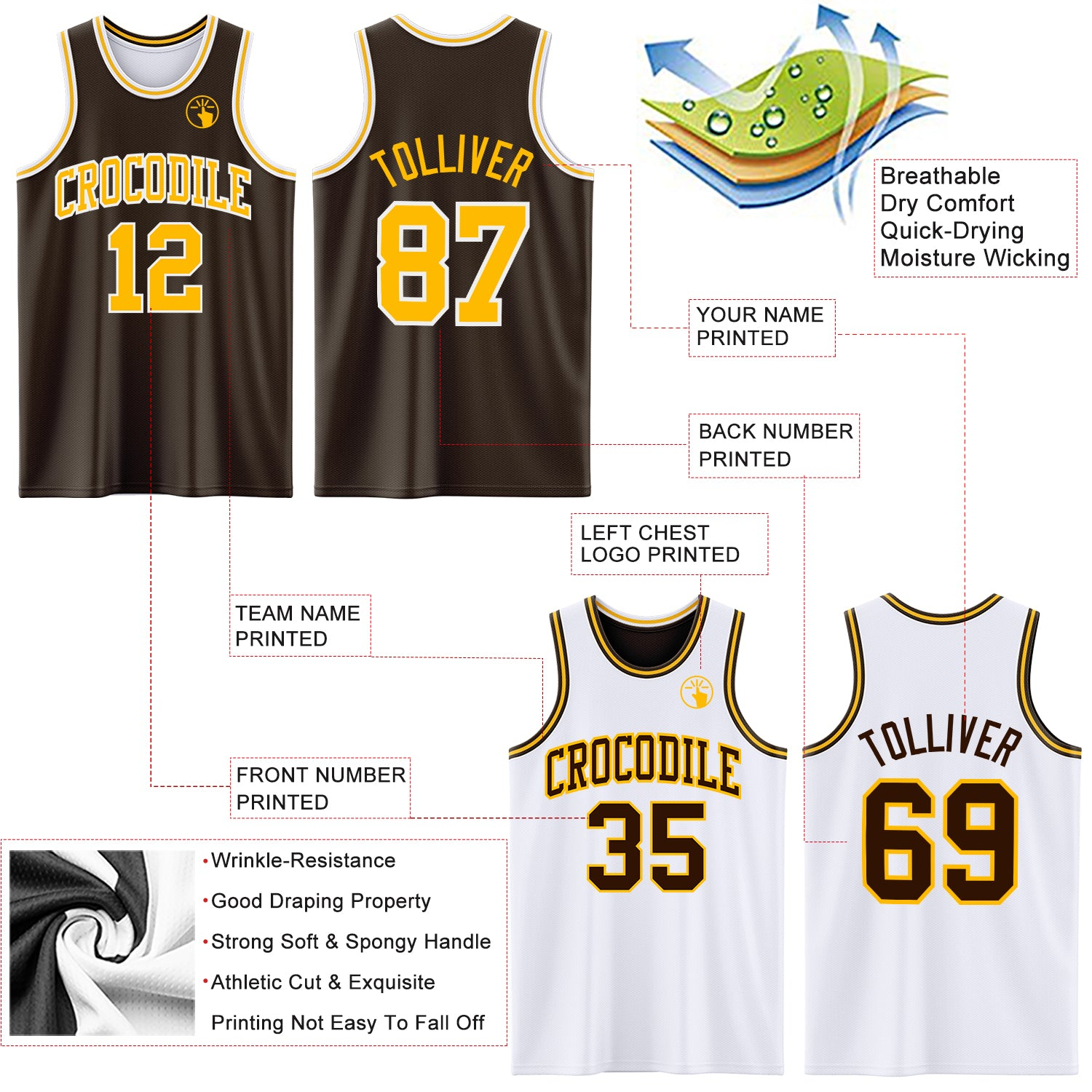 Custom Brown Gold-White Reversible Double Side Basketball Jersey