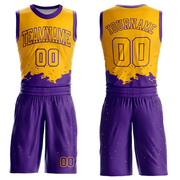 Custom Gold Purple Color Splash Round Neck Sublimation Basketball Suit Jersey