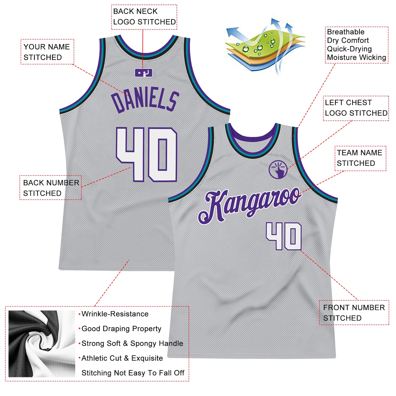 Custom Gray White-Purple Authentic Throwback Basketball Jersey