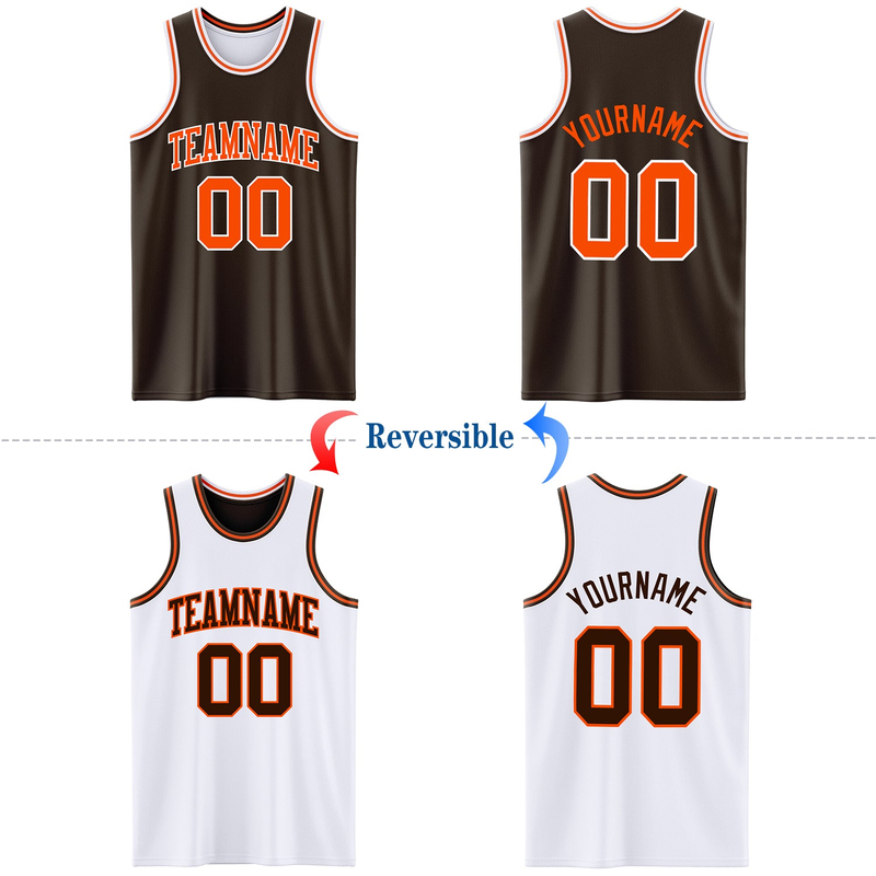 Custom Brown Orange-White Reversible Double Side Basketball Jersey