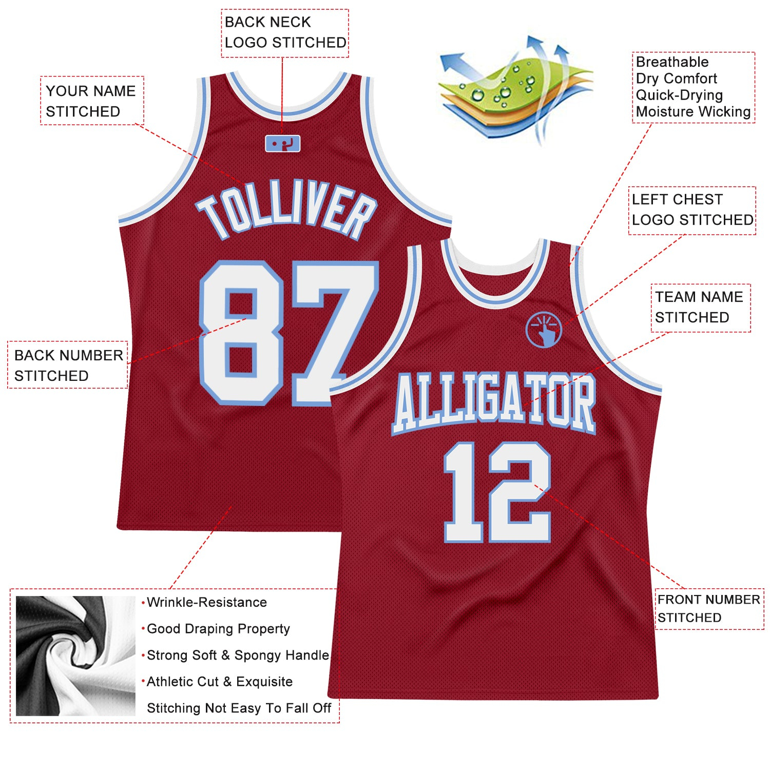 Custom Maroon White-Light Blue Authentic Throwback Basketball Jersey
