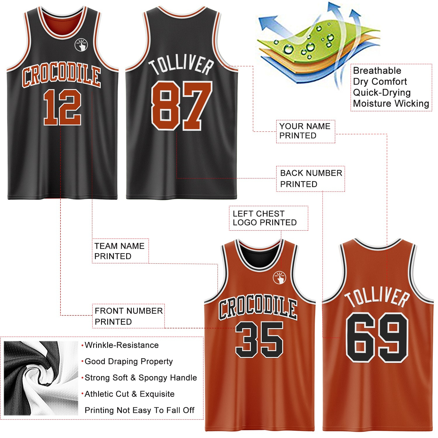 Custom Reversible Black Texas Orange-White Double Side Basketball Jersey